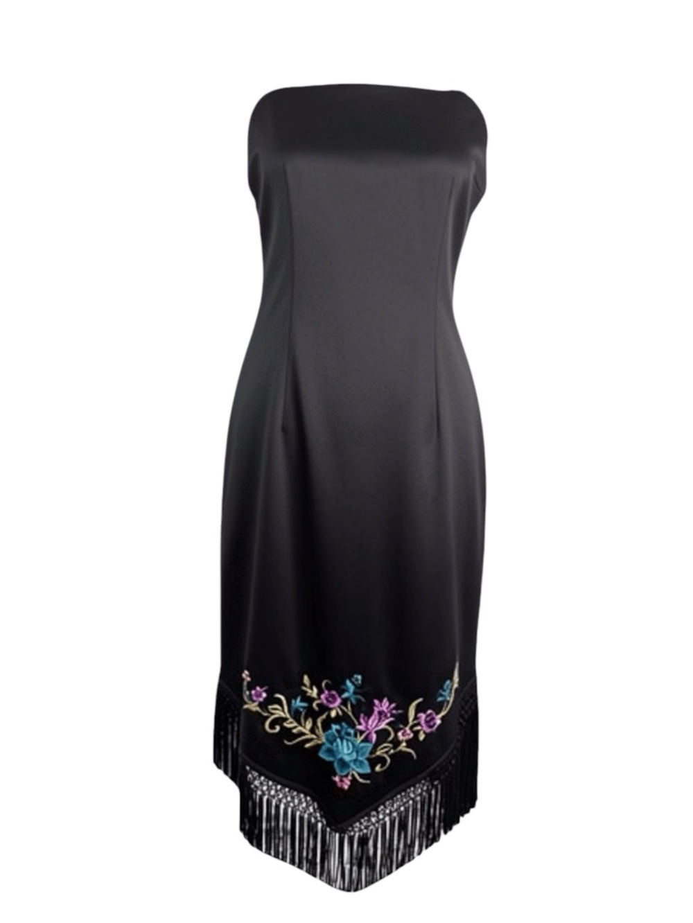 Vintage Y2K Mica Strapless Black Embroidered Fringe Dress